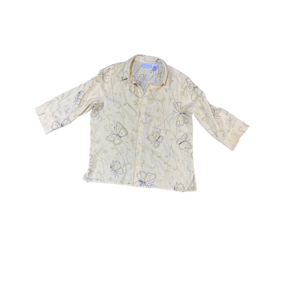 Alfred Dunner Womens Yellow Butterfly Embroidered Button-Up Blouse Size 14
